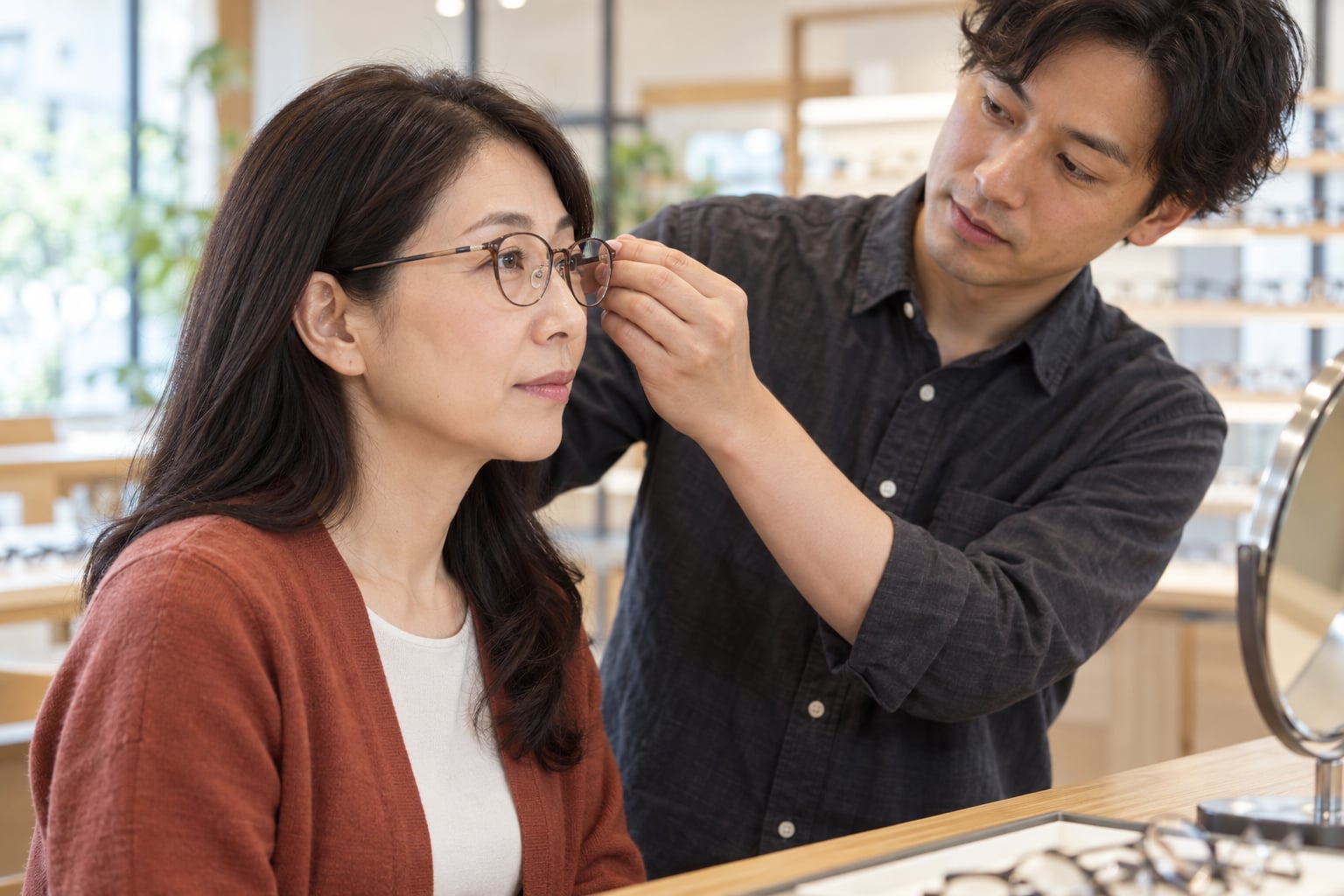 茶色のカーディガンの女性が眼鏡店でメガネの掛かる位置を確認してもらう場面